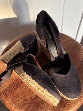Reformation Black Canvas Espadrille Wedges with Ankle Ties